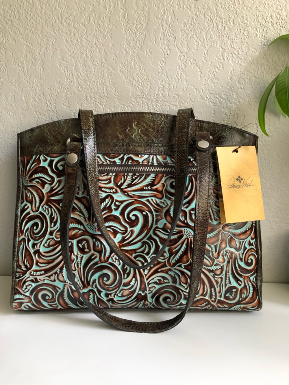 Patricia Nash Brown & Turquoise Tooled italian Leather Totebag